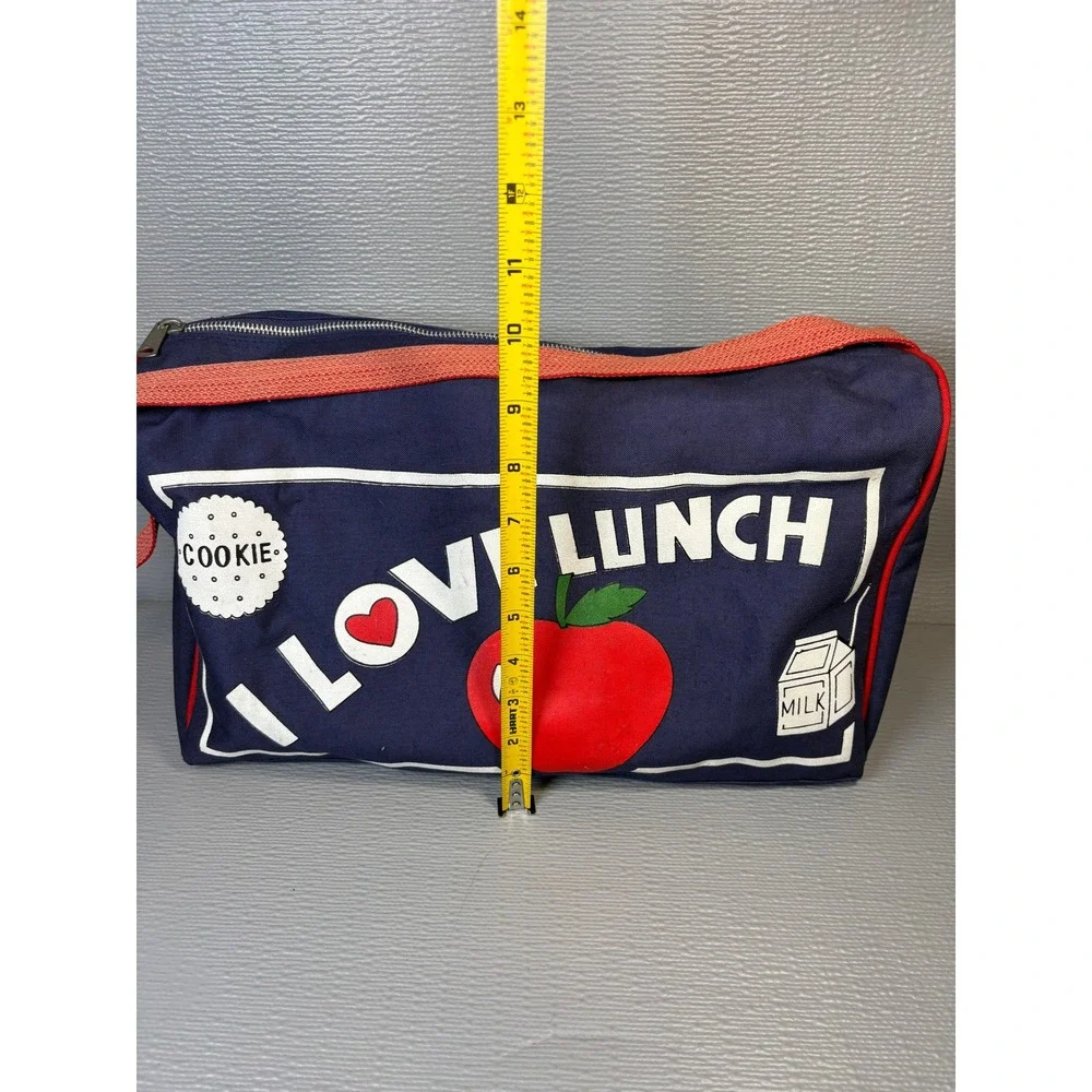Vintage I Love Lunch Navy Canvas Bag Red Strap Apple Cookie Milk Graphic